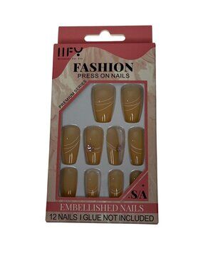 Nude Press On Nails Rhinestone Accent Glossy Medium Length 12ct